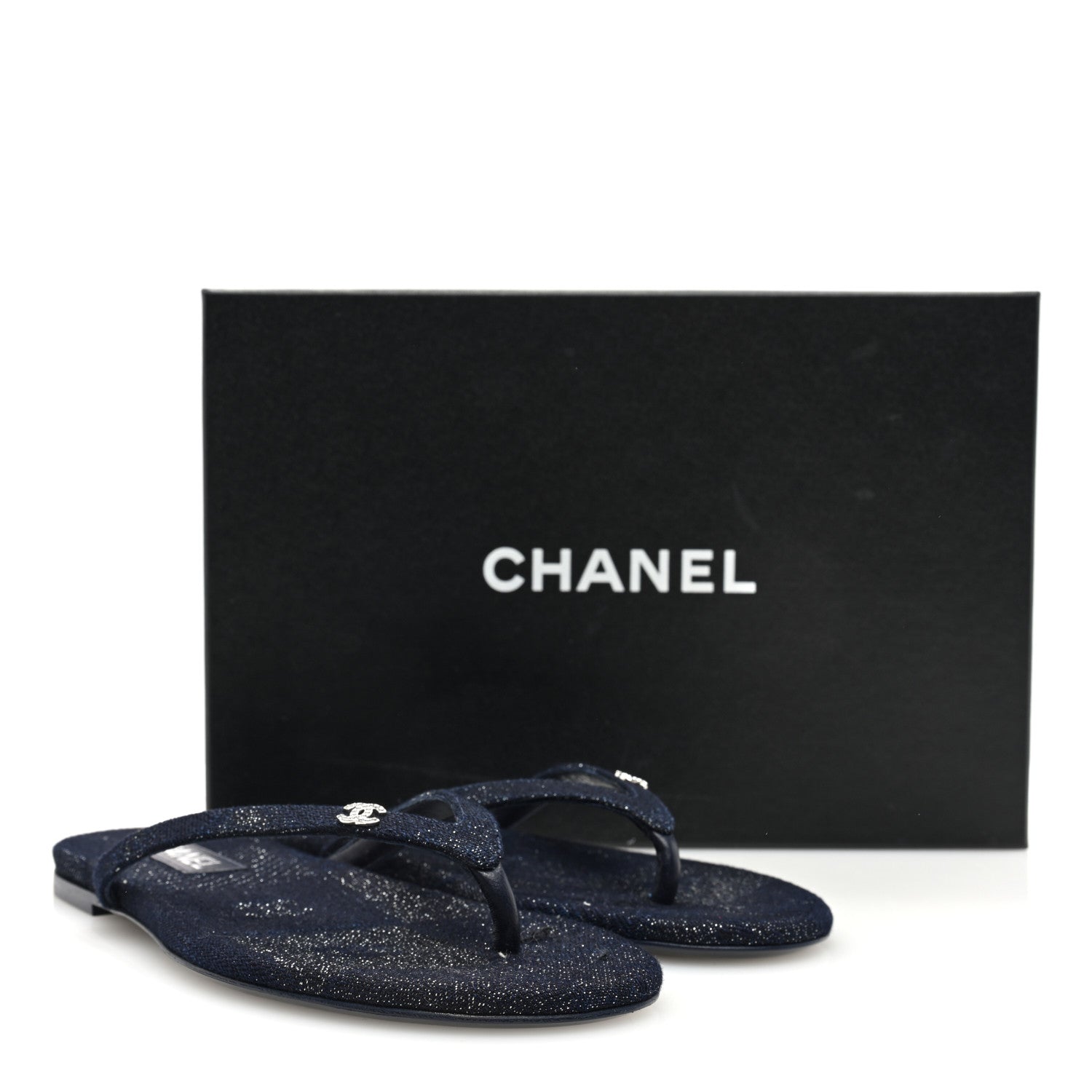 Chanel Cotton Silk Crystal CC Thong Sandals 39 Dark 39 Blue Silver 8 of 8