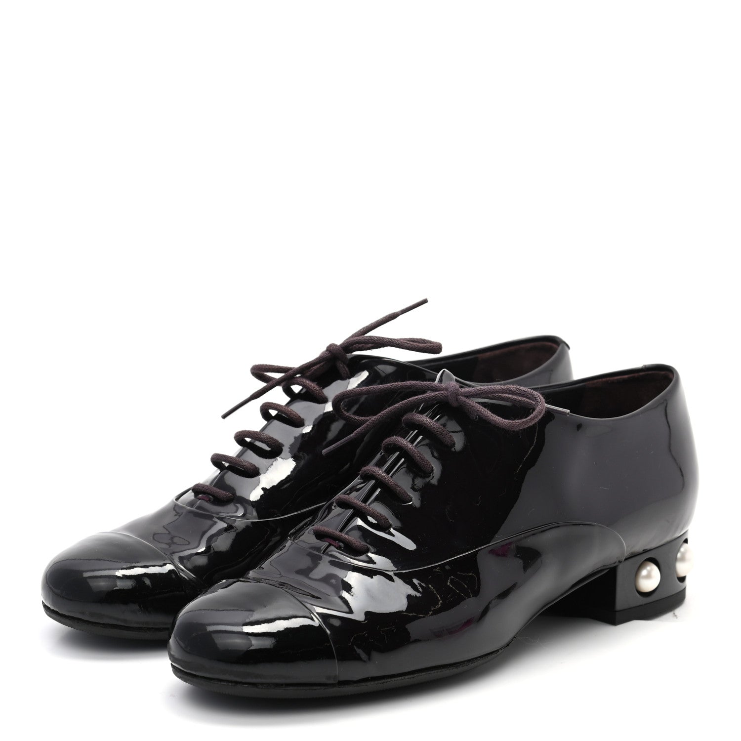Chanel Patent Calfskin Pearl CC Lace Up Oxfords 37.5 Burgundy 3 of 10