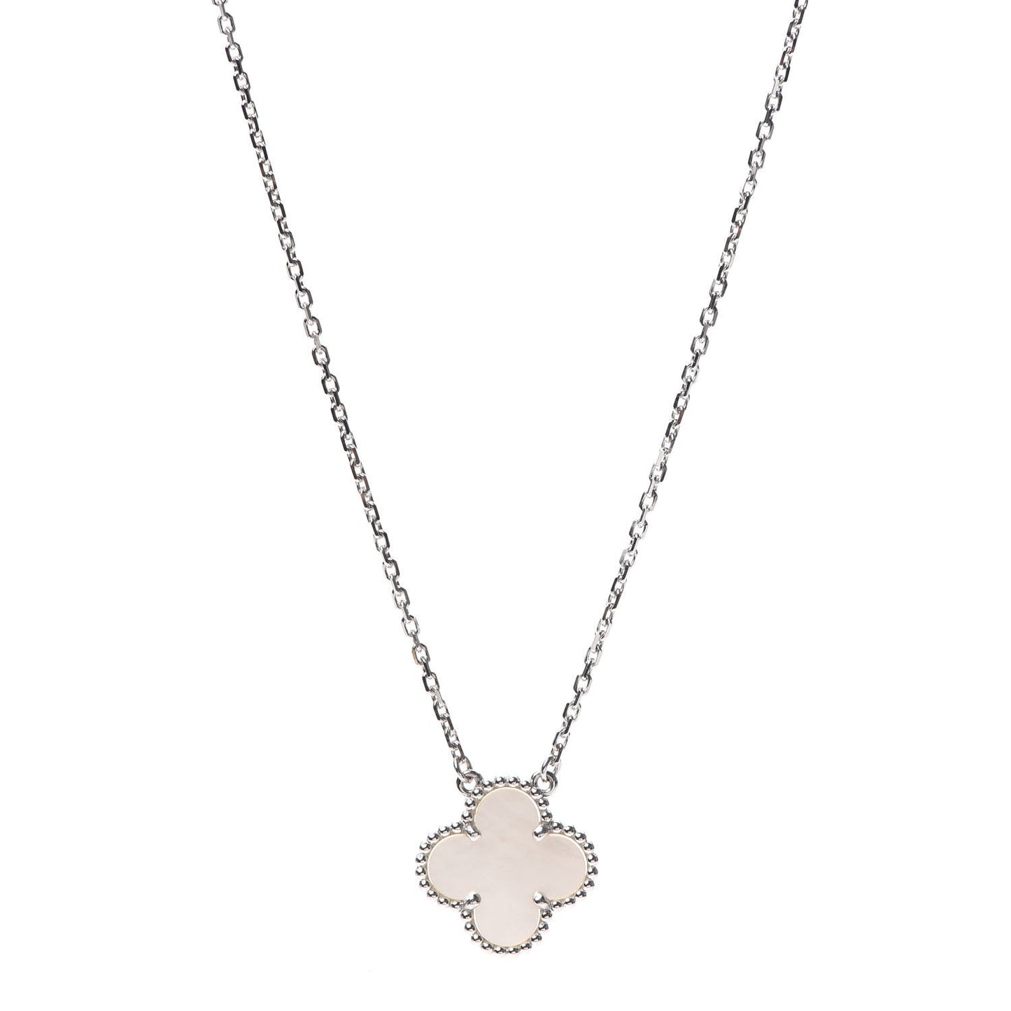 18K White Gold Mother of Pearl Vintage Alhambra Pendant Necklace