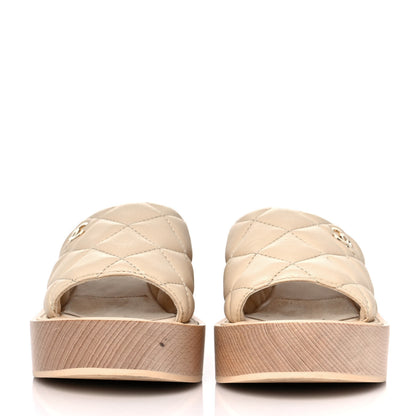 Chanel Lambskin Quilted CC Slip On Platform Sandals 36 Beige 2 of 9