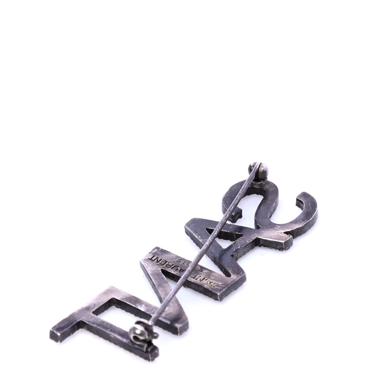 Saint Laurent Brass Crystal Logo Brooch Set Silver 2 of 5