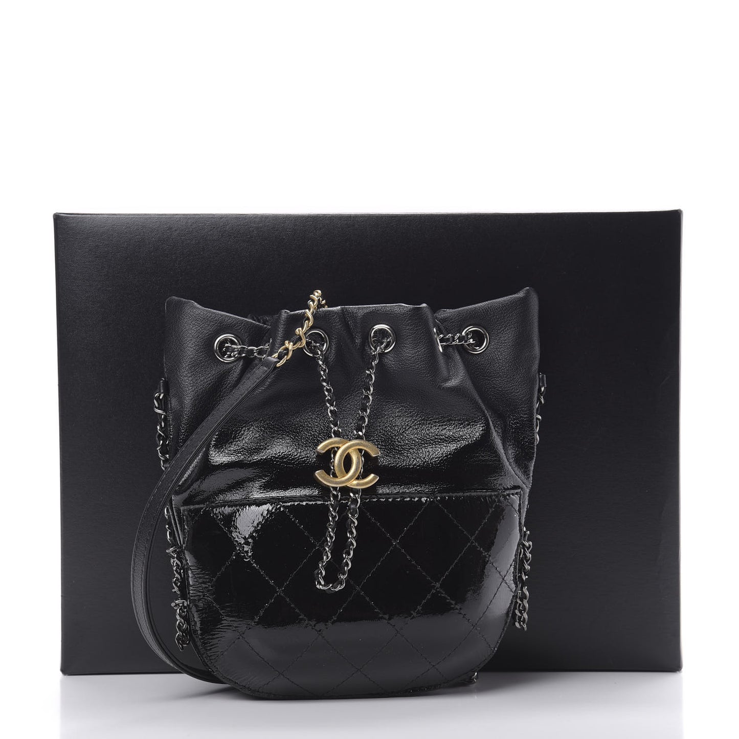 Patent Goatskin Quilted Small Gabrielle Bucket Black