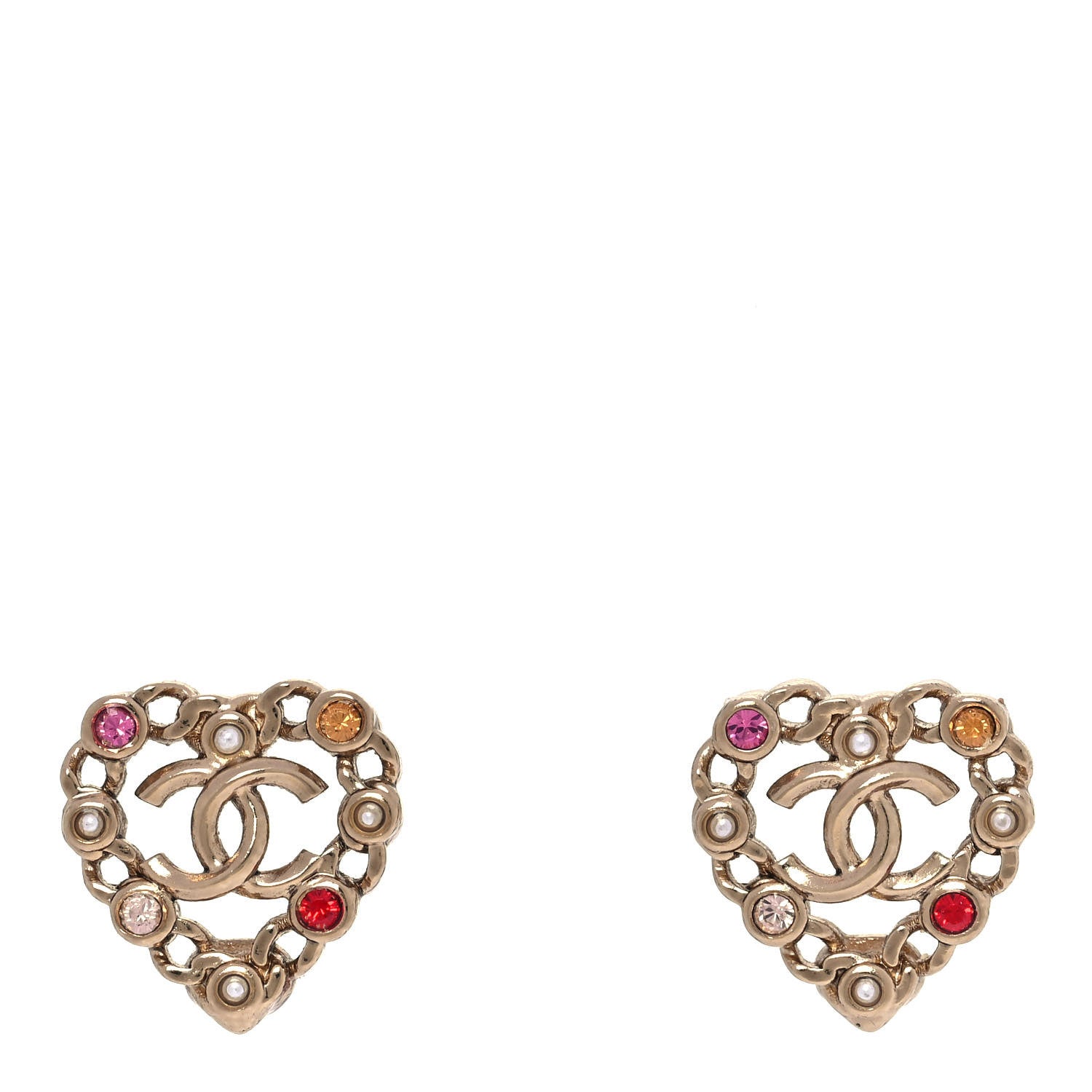Chanel Pearl Crystal CC Heart Earrings Gold Multicolor 1 of 5