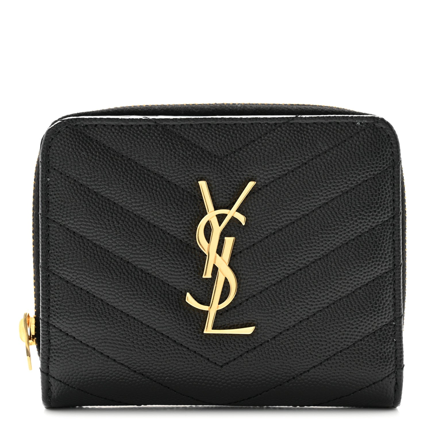 Saint Laurent Grain De Poudre Matelasse Chevron Monogram Compact Zip Around Wallet Black 1 of 11