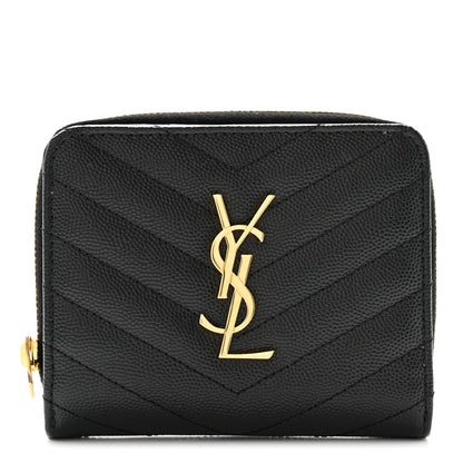 Saint Laurent Grain De Poudre Matelasse Chevron Monogram Compact Zip Around Wallet Black 1 of 11
