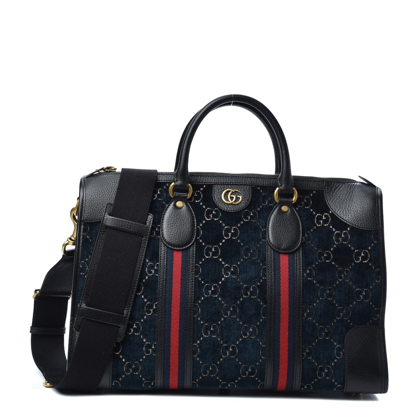 Velvet GG Monogram Textured Calfskin Web Medium Duffle Bag Blue Beige Black