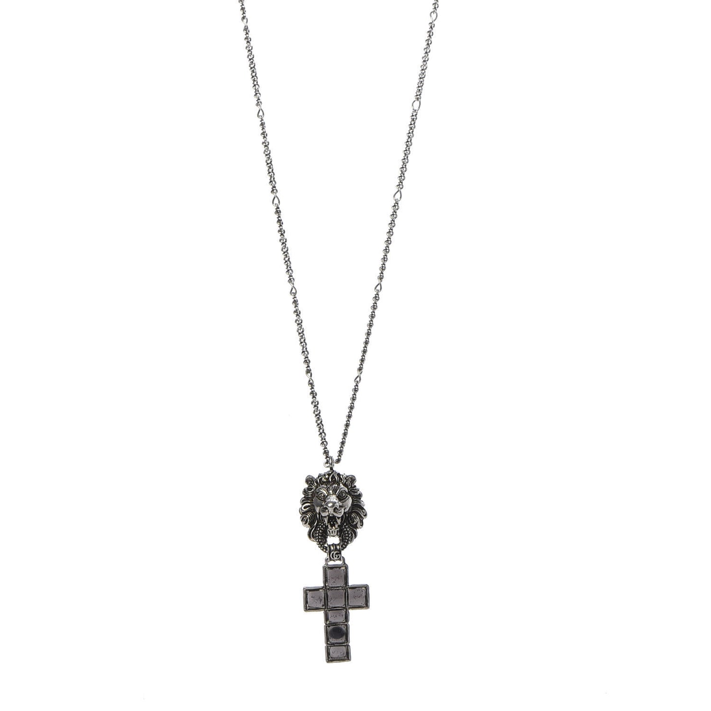 Enamel Brass Lion Head Crucifix Necklace Black