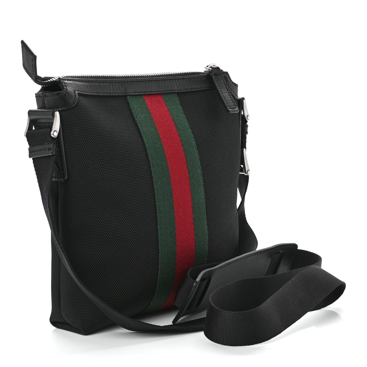 Techno Canvas Selleria Calfskin Web Small Flat Messenger Bag Black