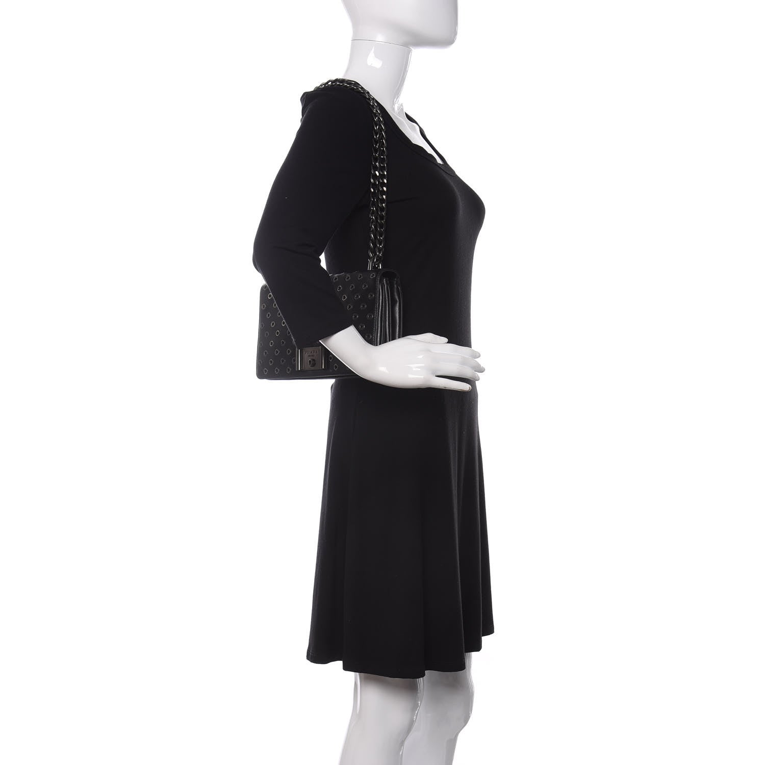 Prada Soft Calf Grommet Lock Flap Chain Shoulder Bag Black 2 of 9