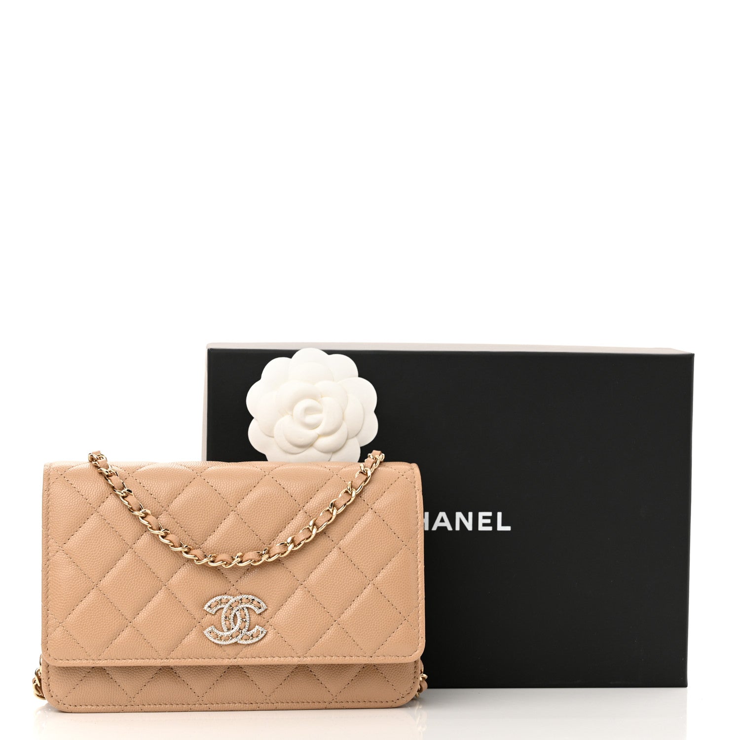 Chanel Caviar Quilted Crystal CC Wallet On Chain WOC Beige 12 of 12