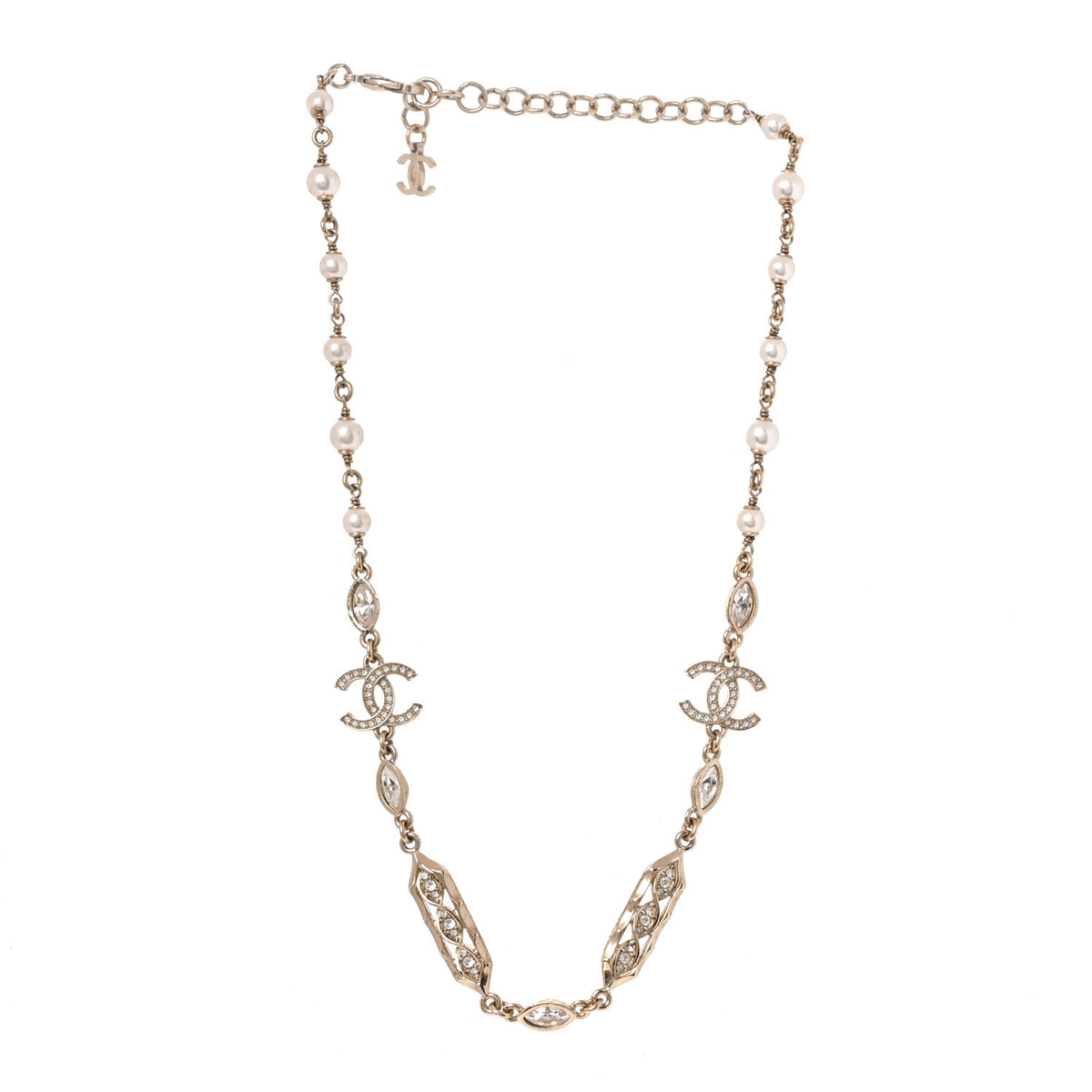 Chanel Crystal Pearl CC Long Necklace Gold Pearly White Multicolor 3 of 5
