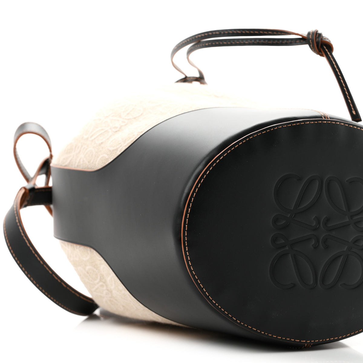 Calfskin Jacquard Linen Anagram Embroidered Balloon Bucket Bag Natural Black