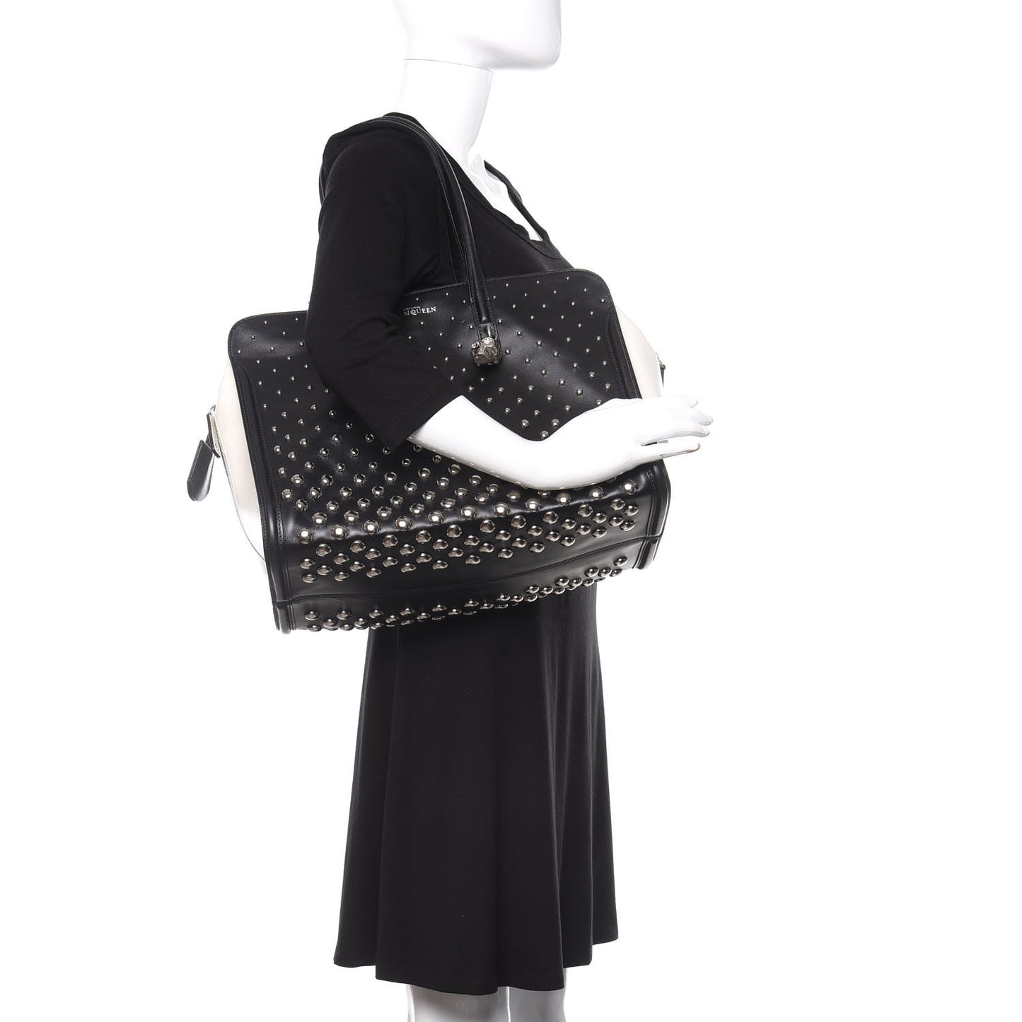 Calfskin Large Studded Padlock Zip Around Tote Black White