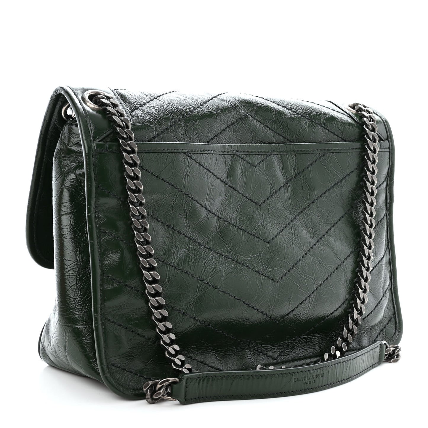 Crinkled Calfskin Matelasse Monogram Medium Niki Chain Satchel Military Olive