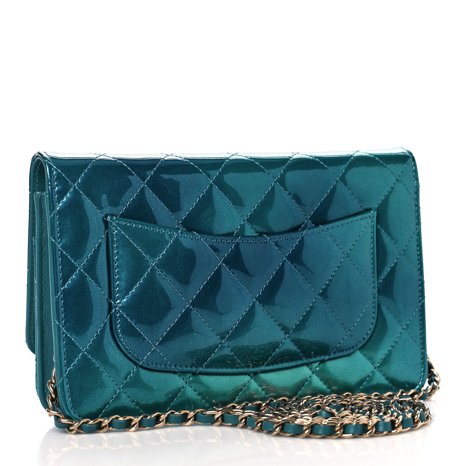 Chanel Shaded Patent Calfskin Quilted Wallet On Chain WOC Green Blue 3 of 10