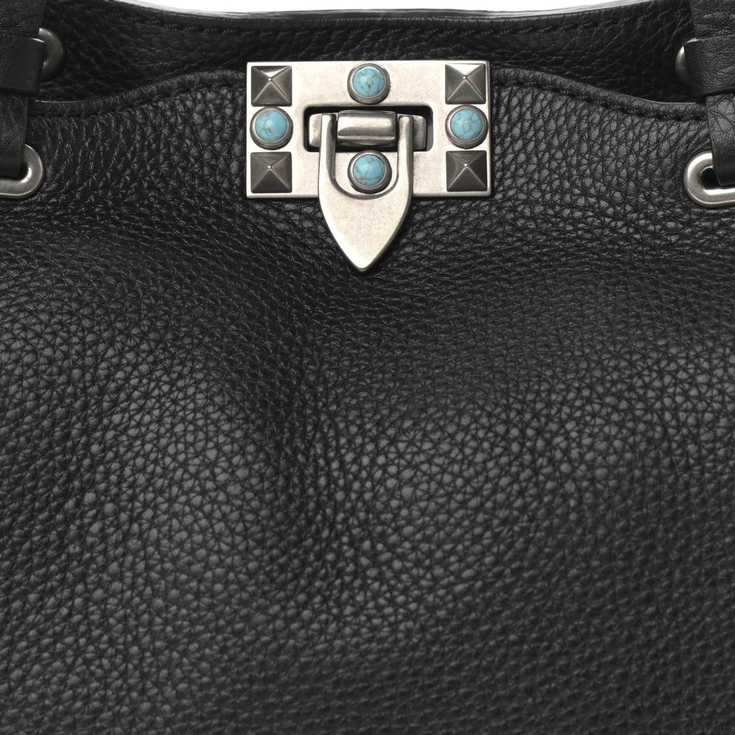Grained Calfskin Turquoise Small Rockstud Rolling Tote Black