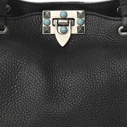 Valentino Garavani Grained Calfskin Turquoise Small Rockstud Rolling Tote Black 7 of 9