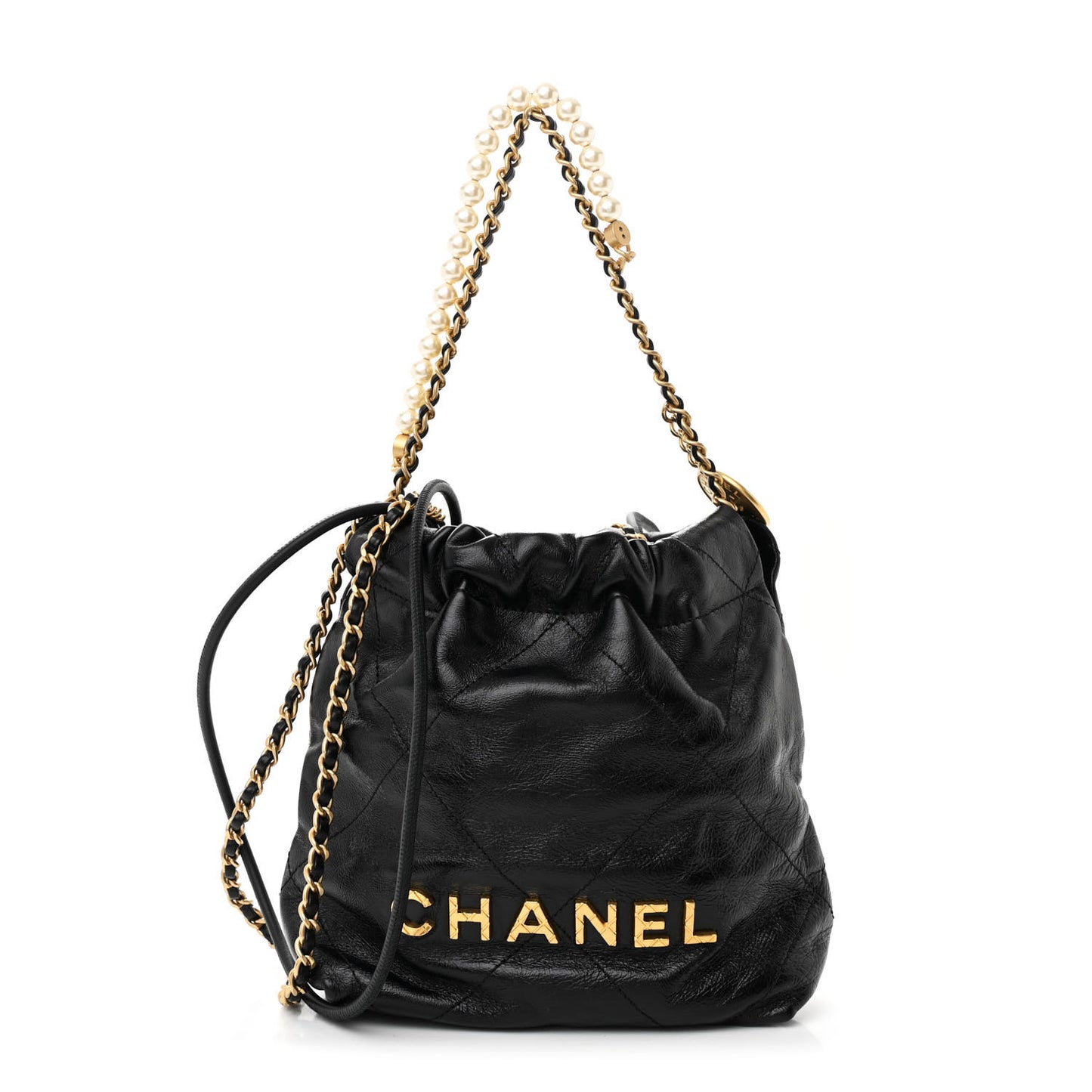 Shiny Crumpled Calfskin Quilted Pearl Mini Chanel 22 Black