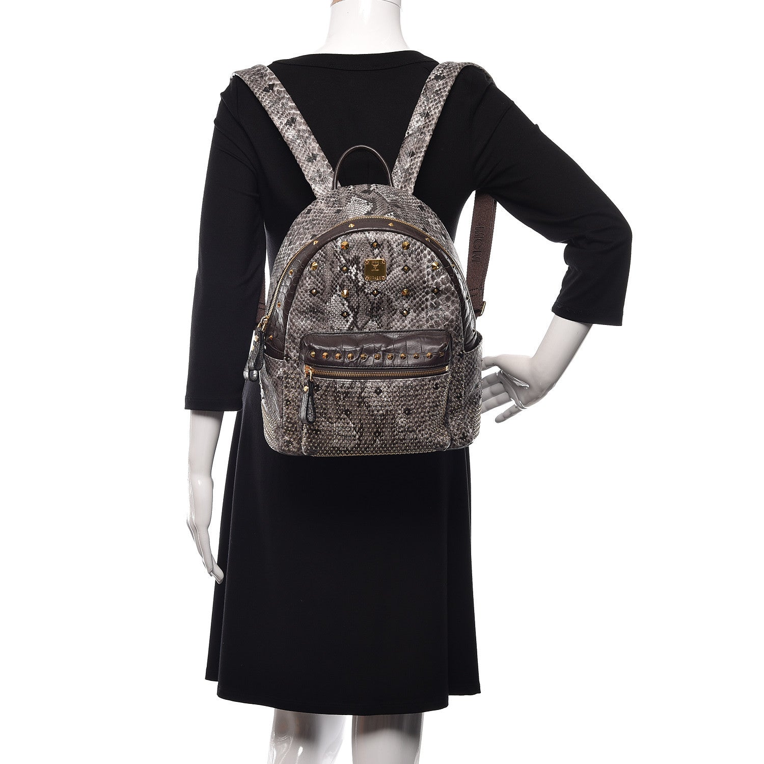 MCM Visetos Snakeskin Printed Studded Small Stark Backpack Light Grey 2 of 15