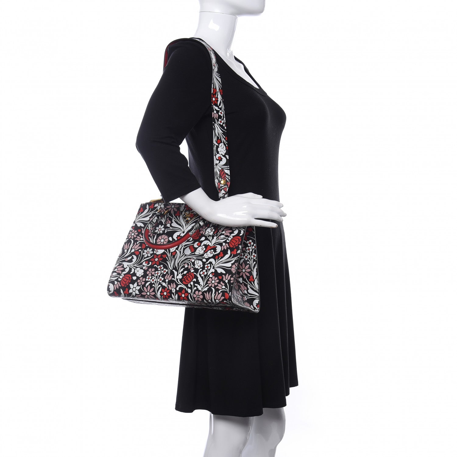 Prada Calfskin Floreale Medium Galleria Double Zip Tote White Black Pink 2 of 9
