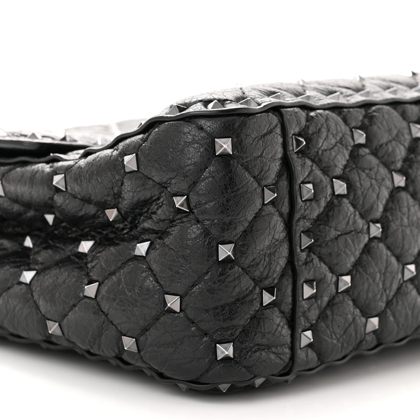 Craquele Nappa Large Rockstud Spike Shoulder Bag Black