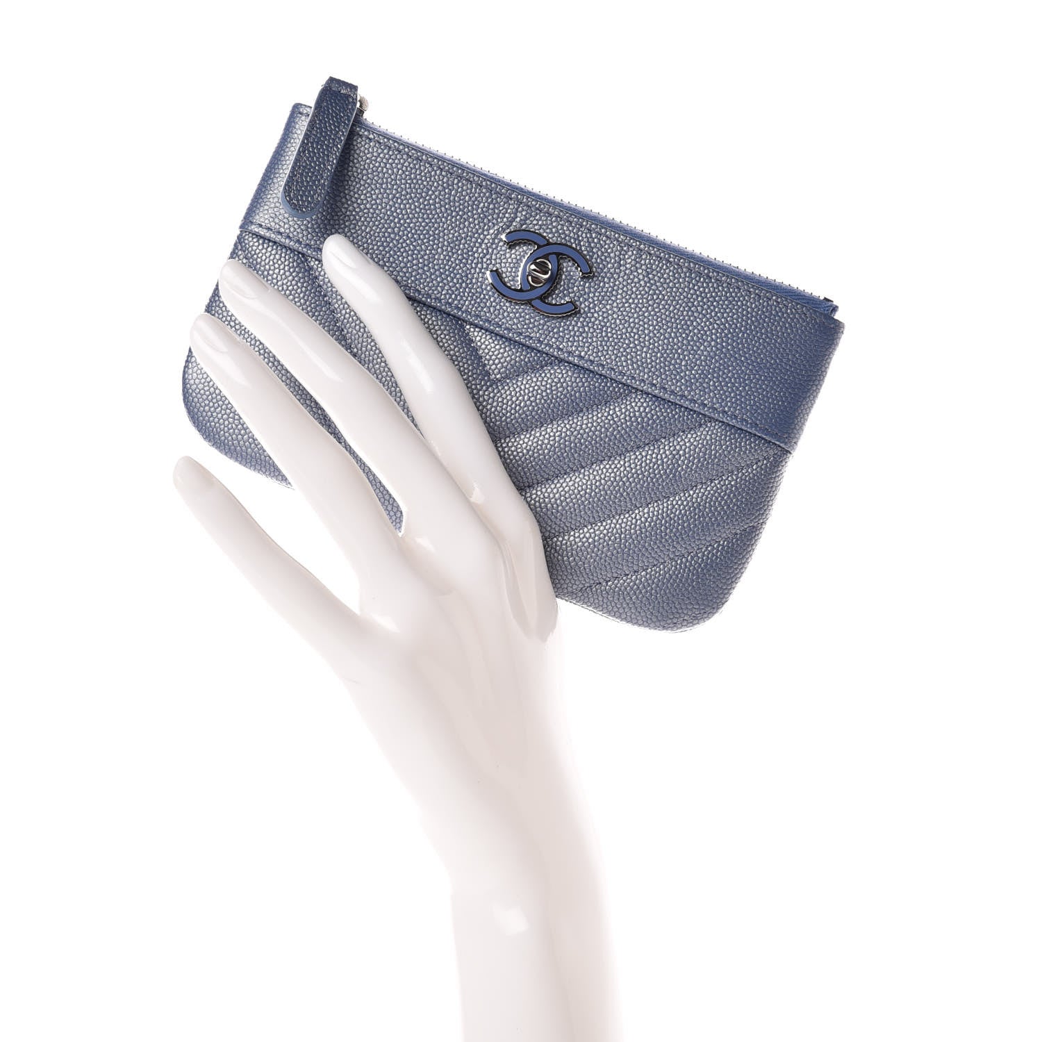 Chanel Metallic Caviar Chevron Quilted Small Vintage Mademoiselle Cosmetic Case Blue 2 of 10