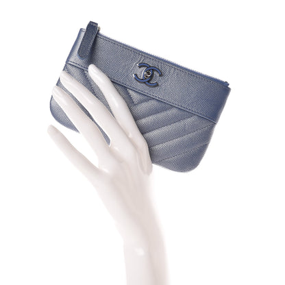Chanel Metallic Caviar Chevron Quilted Small Vintage Mademoiselle Cosmetic Case Blue 2 of 10