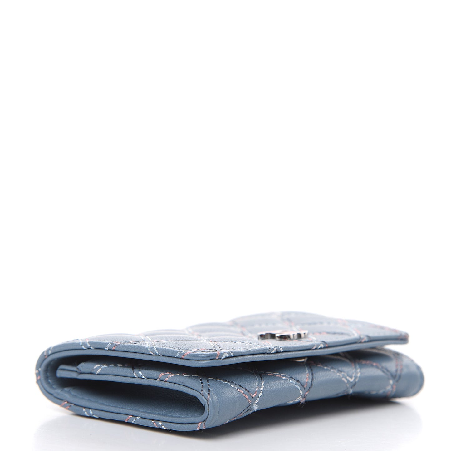 Lambskin Double Stitch Quilted Flap Card Holder Light Blue