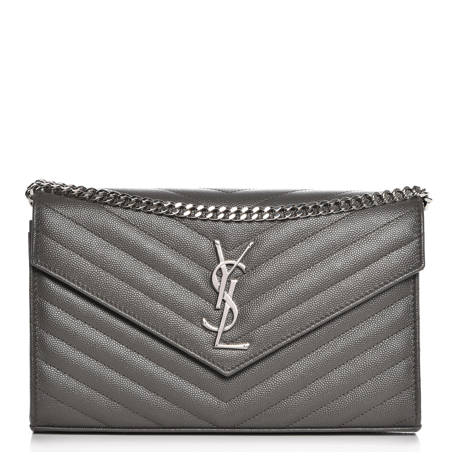 Saint Laurent Grain De Poudre Matelasse Chevron Monogram Chain Wallet Gray 1 of 7