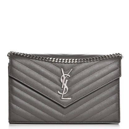 Saint Laurent Grain De Poudre Matelasse Chevron Monogram Chain Wallet Gray 1 of 7