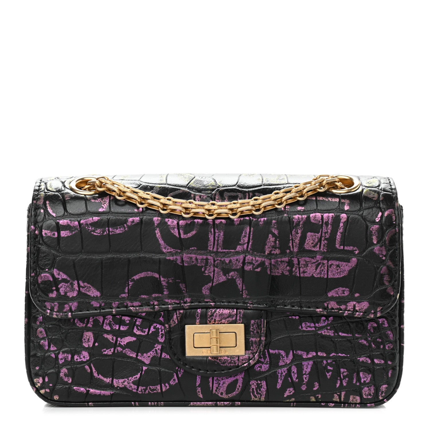 Chanel Calfskin Crocodile Embossed Graffiti 2.55 Mini Cocodile Reissue Flap Black Pink 1 of 9