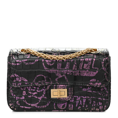 Chanel Calfskin Crocodile Embossed Graffiti 2.55 Mini Cocodile Reissue Flap Black Pink 1 of 9