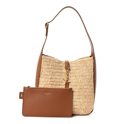 Saint Laurent Raffia Calfskin Le 5 A 7 Small Hobo Natural Brick 3 of 11