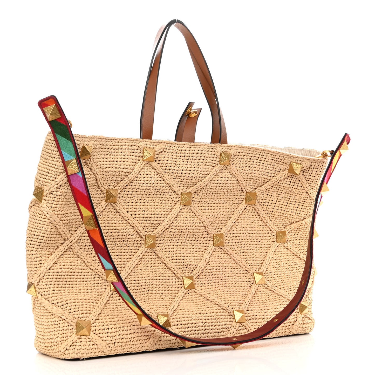 Raffia Calfskin Large Roman Stud Tote Naturale
