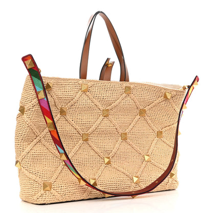 Valentino Garavani Raffia Calfskin Large Roman Stud Tote Naturale 3 of 9