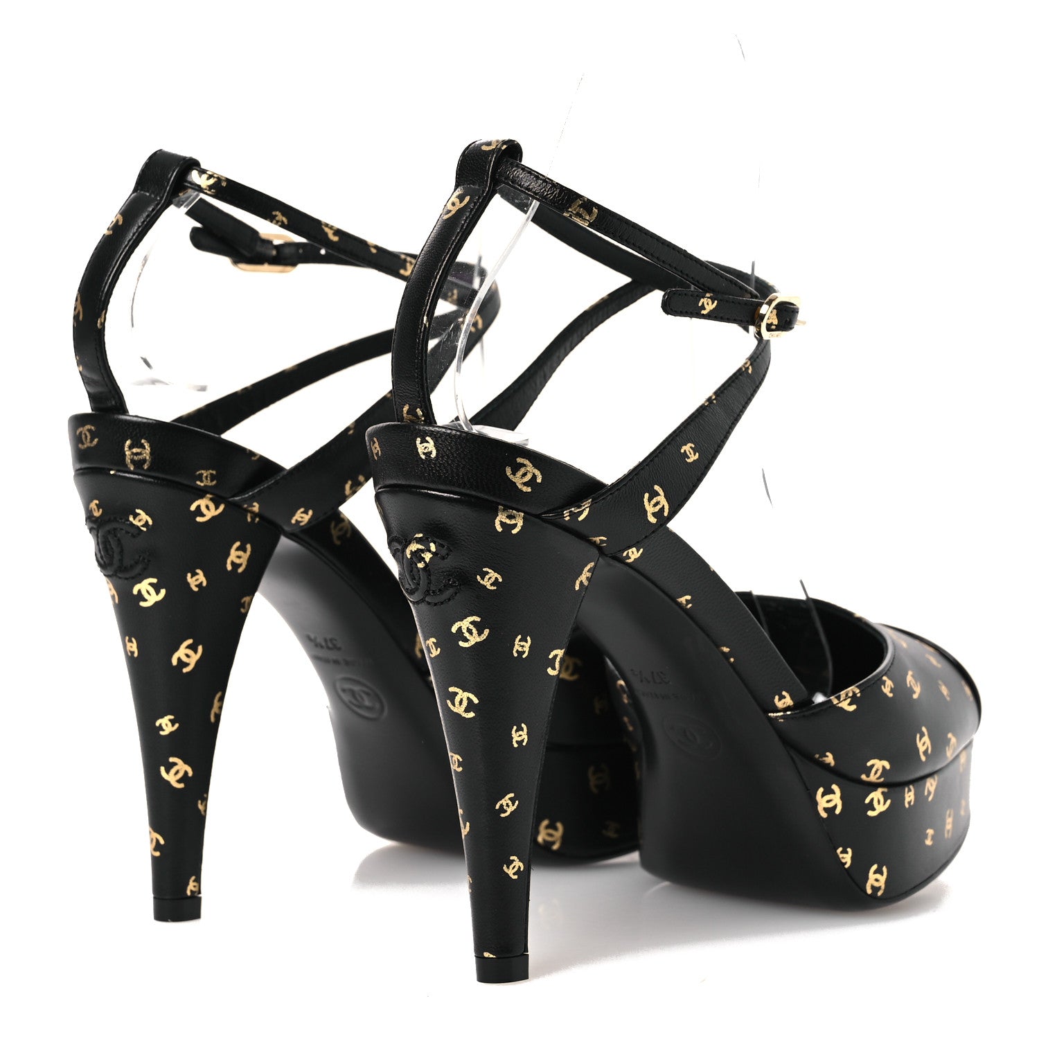 Chanel Printed Lambskin CC Platform Pumps 37.5 Black Gold 5 of 11