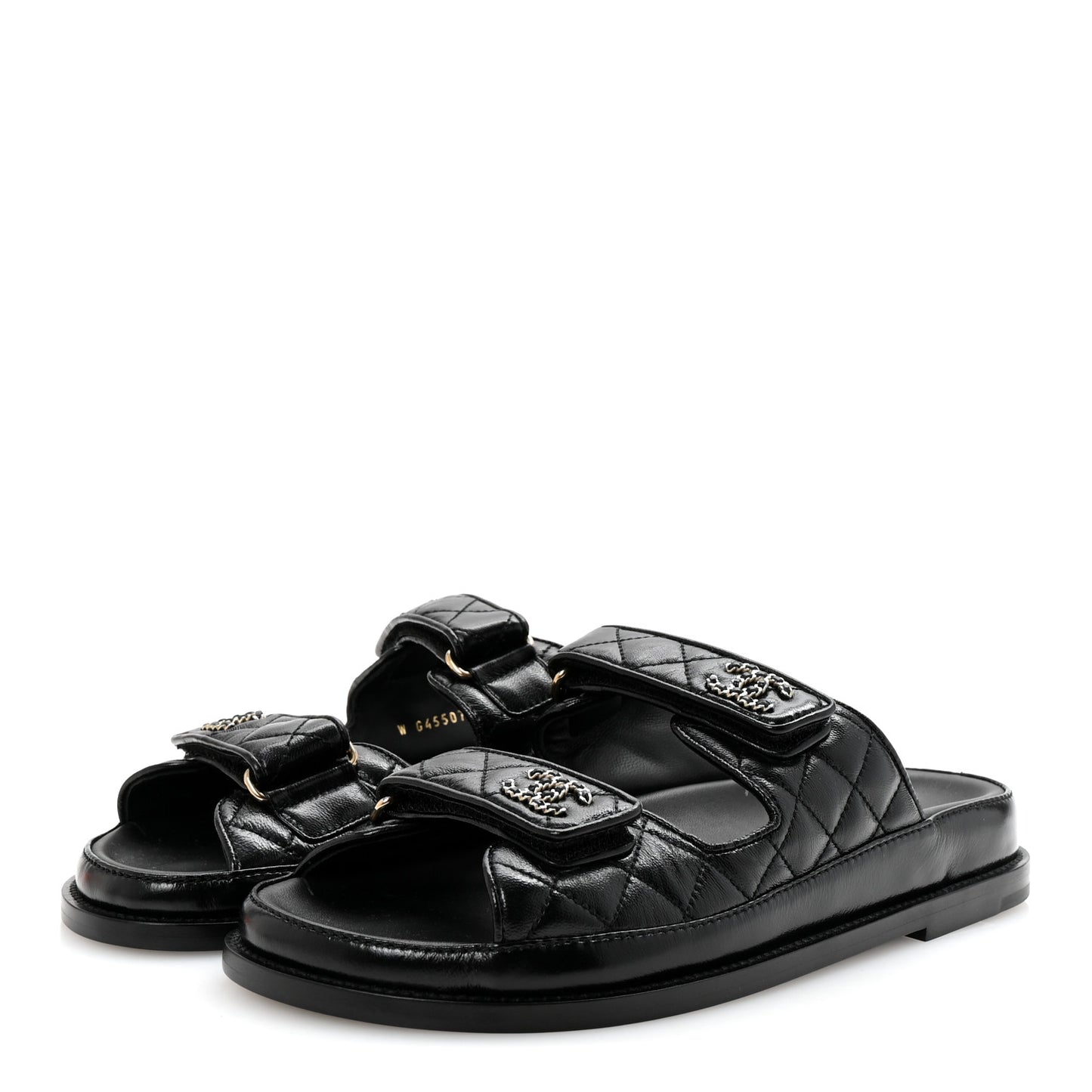 Lambskin Quilted Velcro Dad Chain CC Slide Sandals 38.5 Black