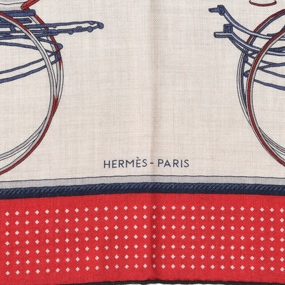 Hermes Cashmere Silk Les Voitures A Transformation Shawl 140 Naturel Rouge H Bleu 3 of 7