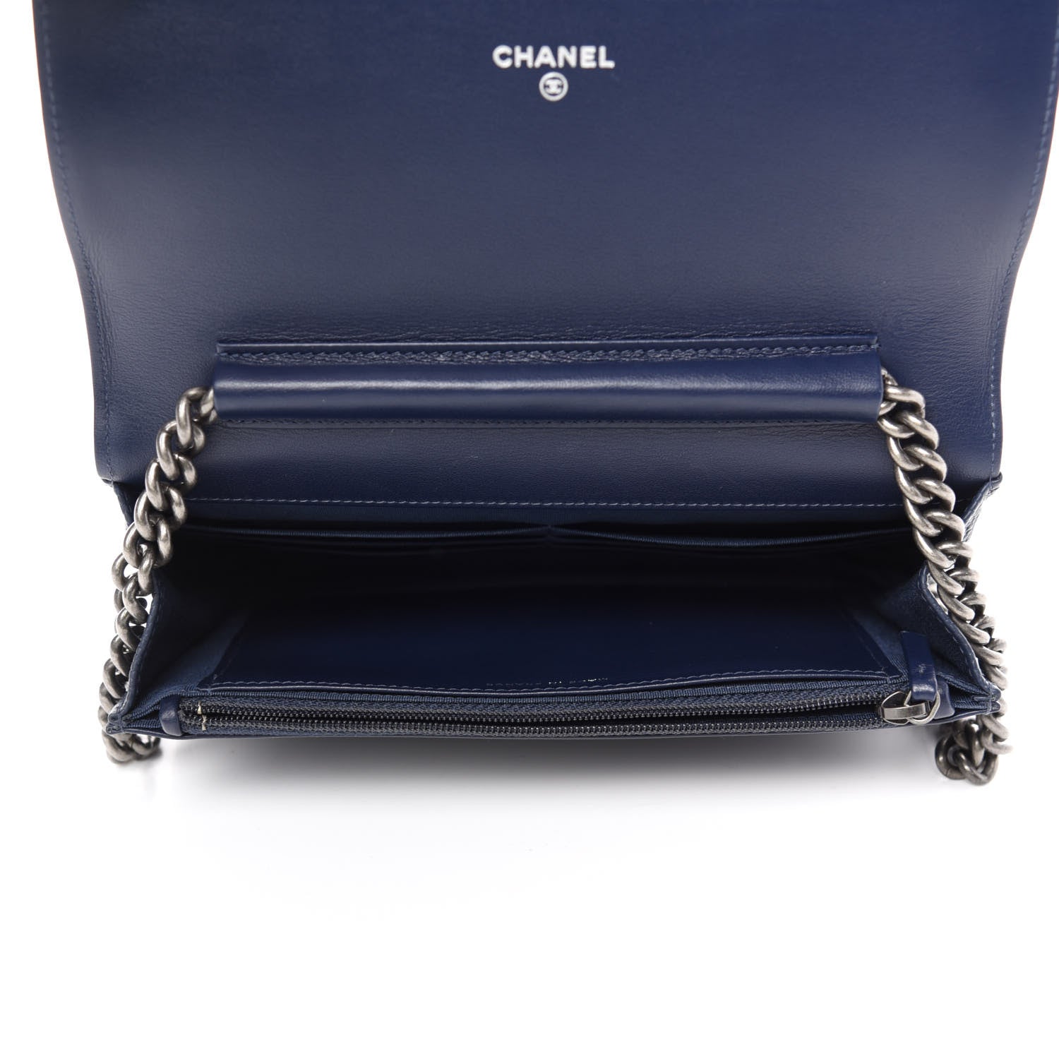 Chanel Caviar Chevron Quilted Boy Wallet On Chain WOC Blue 5 of 12