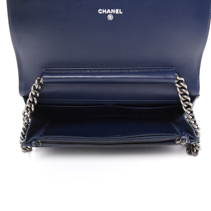 Chanel Caviar Chevron Quilted Boy Wallet On Chain WOC Blue 5 of 12