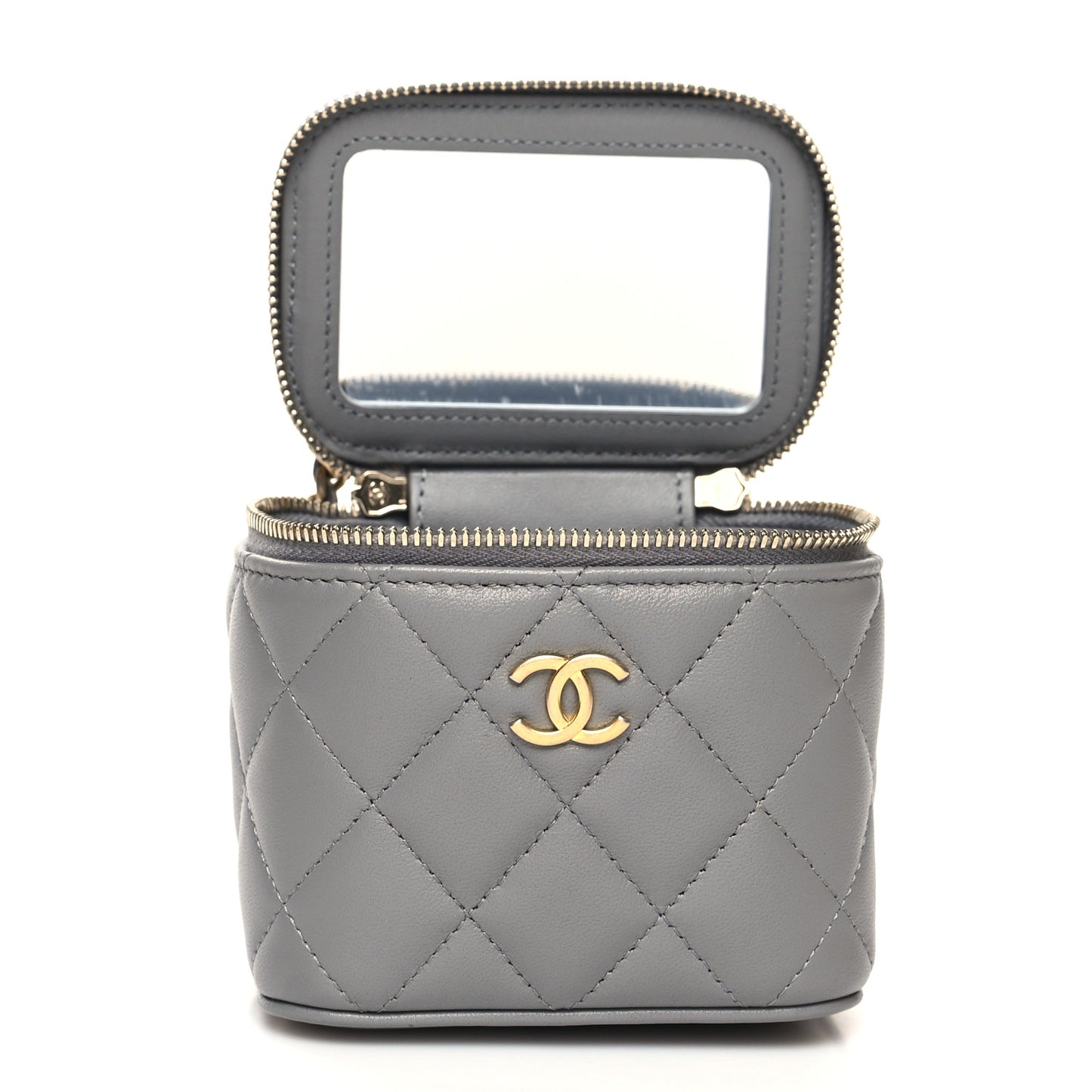 Lambskin Quilted Metal Mini Top Handle Vanity Case With Chain Grey