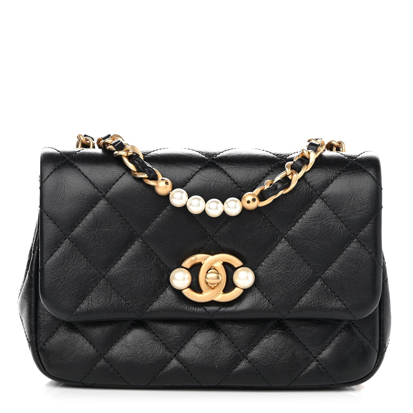 Glazed Calfskin Quilted Mini Pearl Side Flap Black