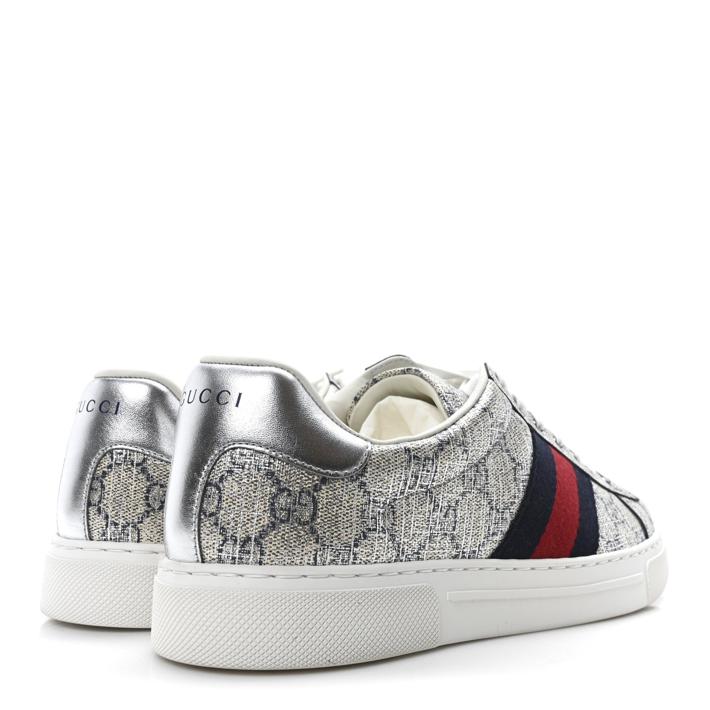 GG Supreme Monogram Metal Web Mens Ace Sneakers 7.5 Beige Blue Silver