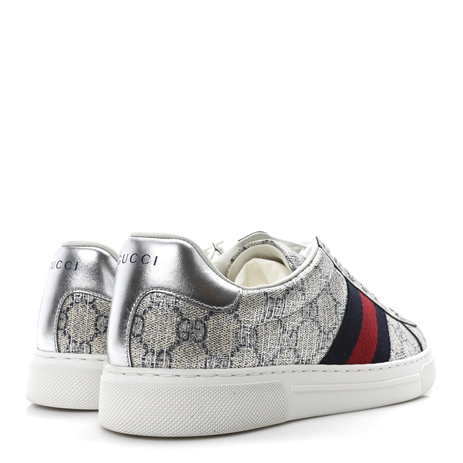 Gucci GG Supreme Monogram Metal Web Mens Ace Sneakers 7.5 Beige Blue Silver 5 of 11