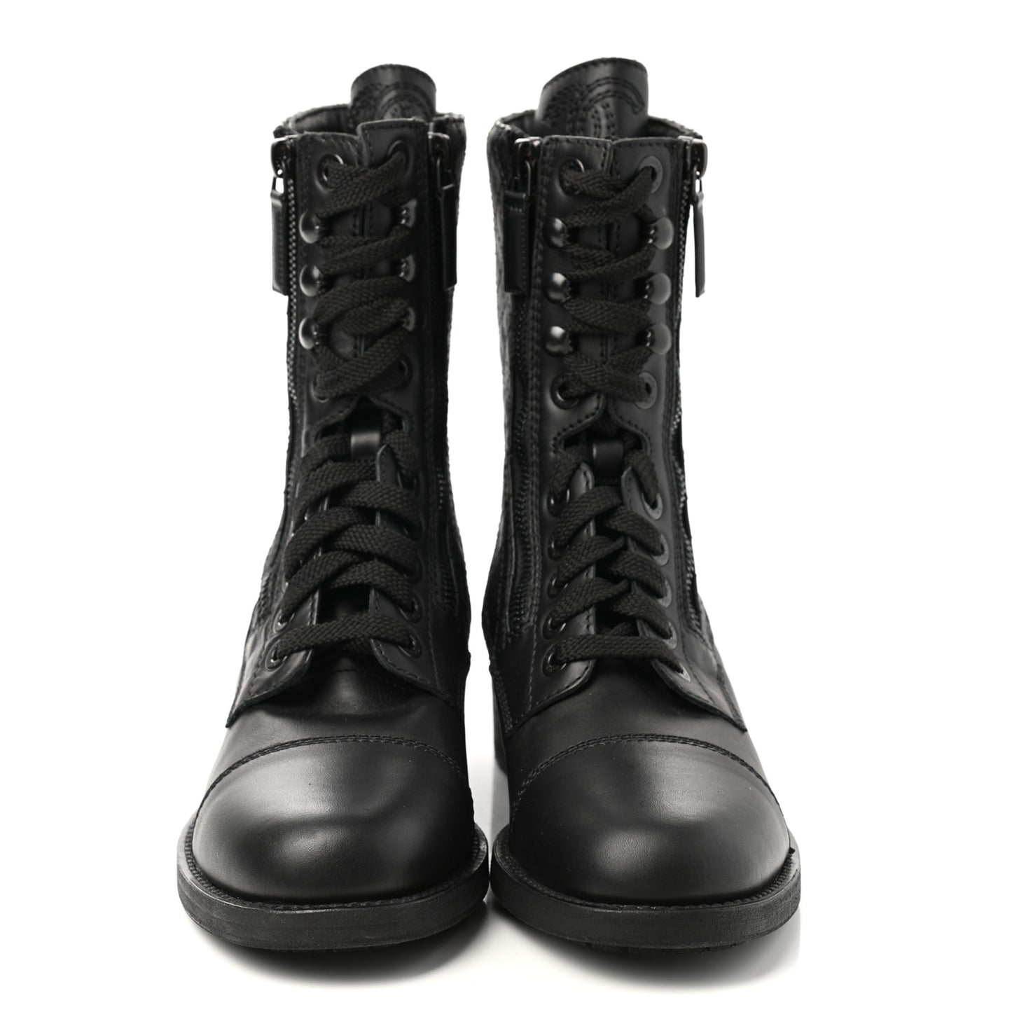 Calfskin Quilted Lace Up Combat Boots 37.5 Black