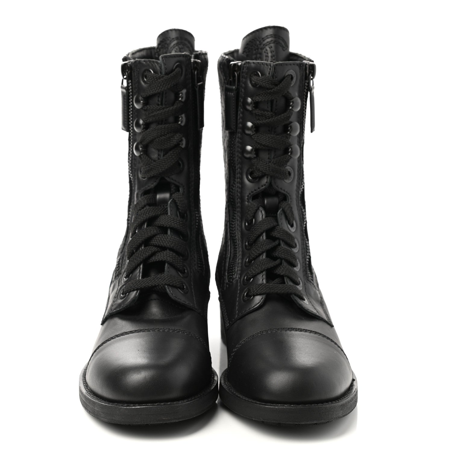 Chanel Calfskin Quilted Lace Up Combat Boots 37.5 Black 2 of 9
