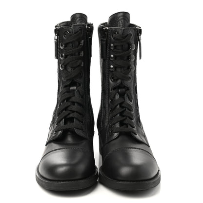Chanel Calfskin Quilted Lace Up Combat Boots 37.5 Black 2 of 9