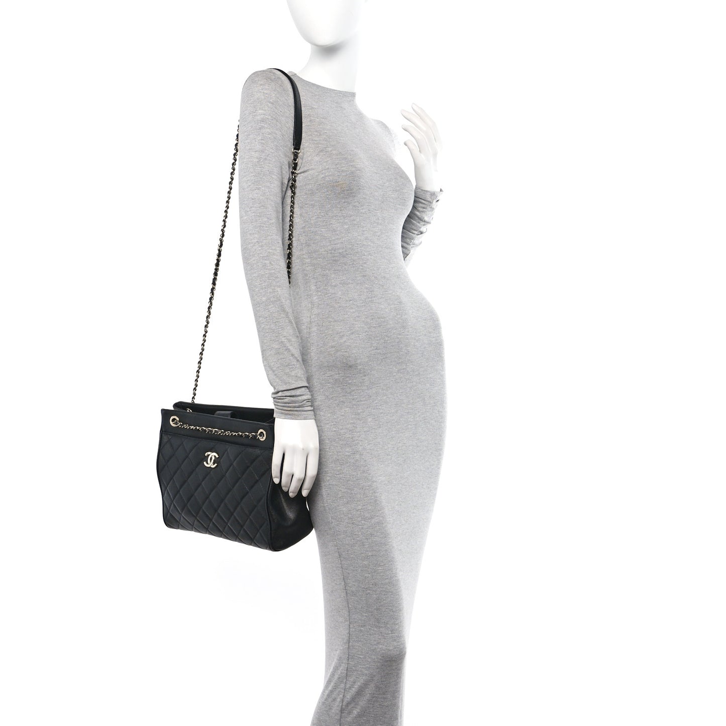 Caviar Quilted In Out Flap Shopping Tote Black