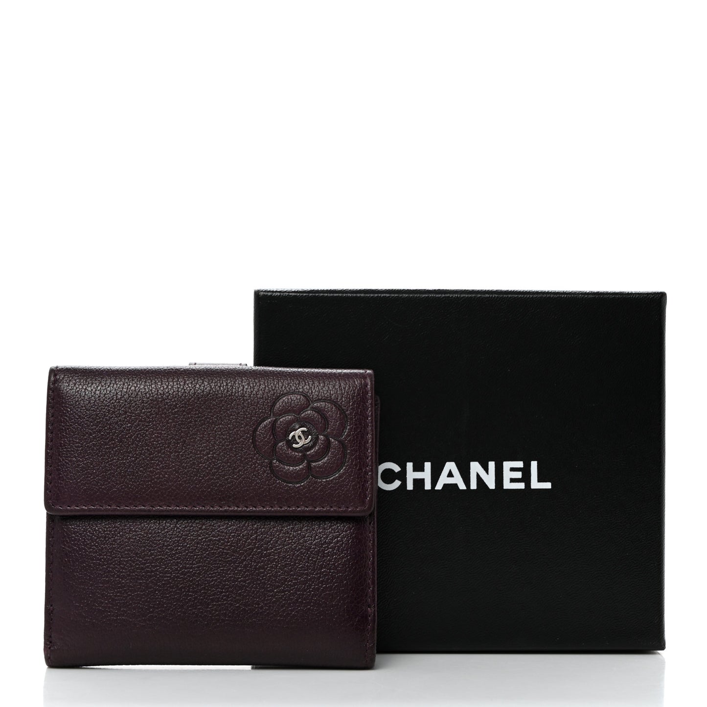 Glazed Goatskin Camellia Embossed French Flap Wallet Purple