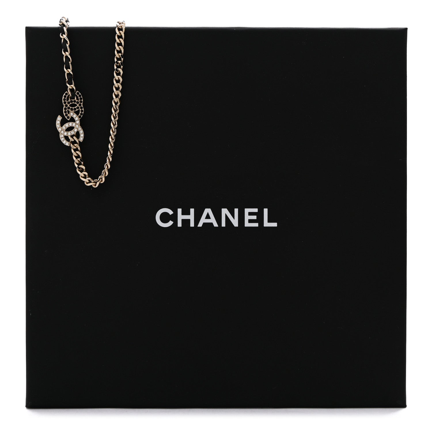 Chanel Metal Calfskin Crystal Double CC Short Necklace Black Gold 7 of 7